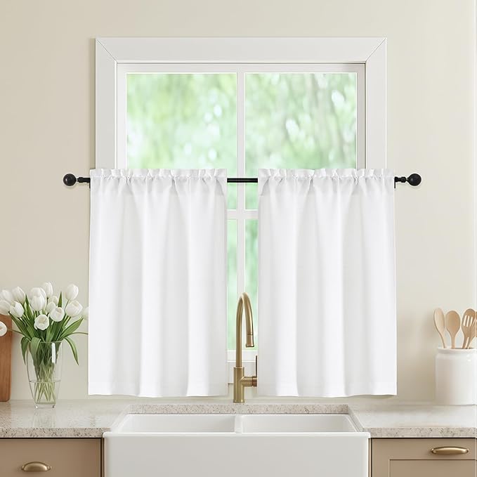 White Kitchen Curtains 36 Inch Length 2 Panels, Light Filtering Farmhouse Faux by WelvetBLK