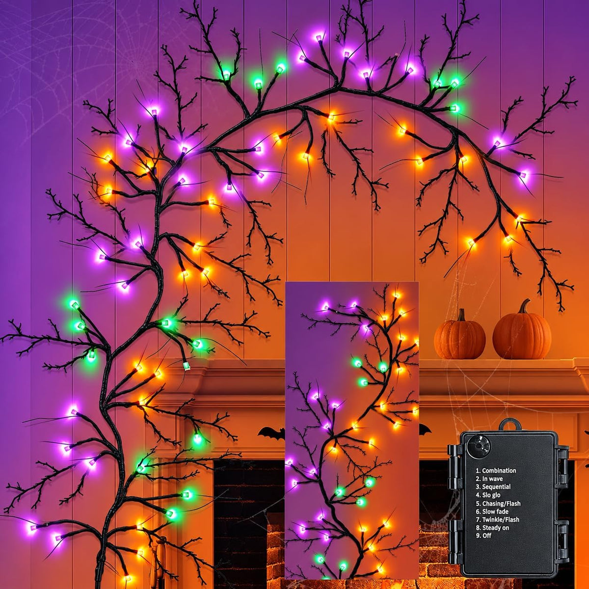 9Ft 72 LED Halloween Willow Vine Twig Garland with Lights - 8 Modes & Timer, Orange,Purple and Green, Waterproof Battery Operated for Mantle, Wall, Fireplace, Indoor Halloween Decorations