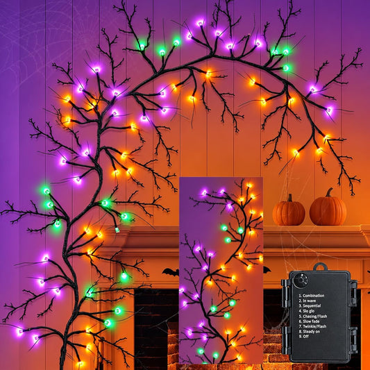 9Ft 72 LED Halloween Willow Vine Twig Garland with Lights - 8 Modes & Timer, Orange,Purple and Green, Waterproof Battery Operated for Mantle, Wall, Fireplace, Indoor Halloween Decorations
