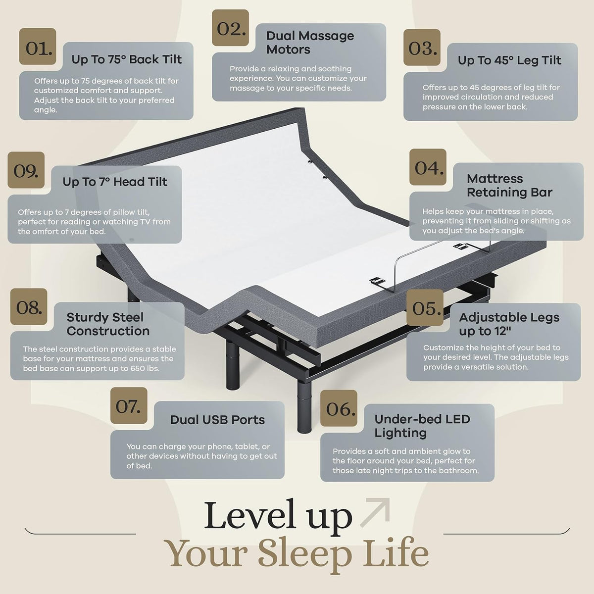 sven & son harmony adjustable bed base, head showing dimensions