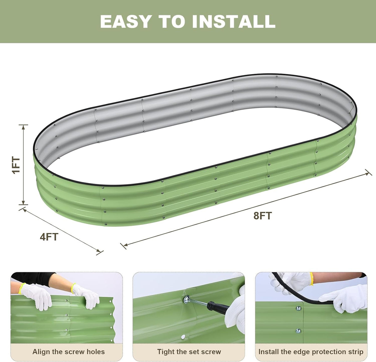 raised garden bed, 8x4x1ft galvanized outdoor planter beds showing dimensions