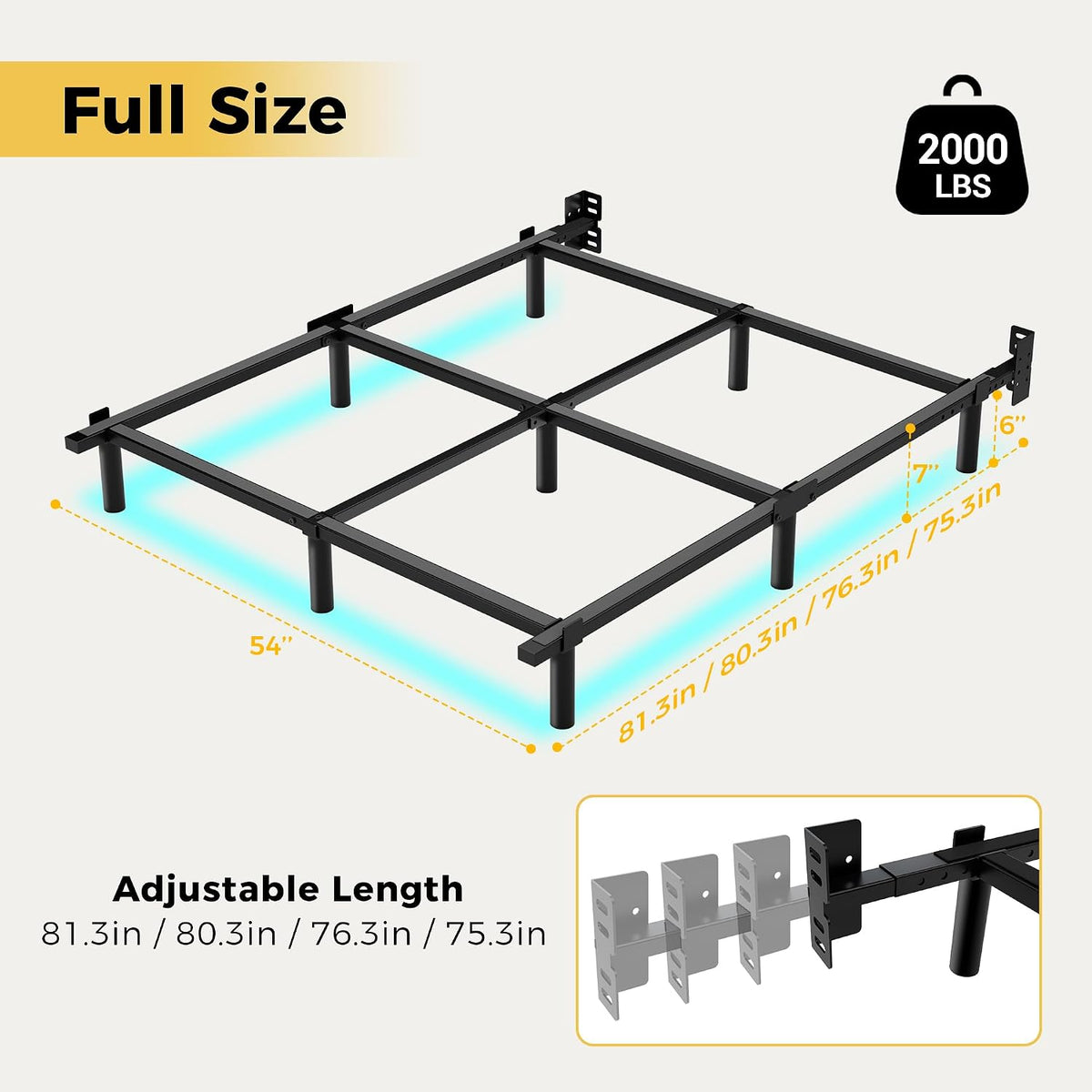 full bed frame with led lights, 7 inch shown in use