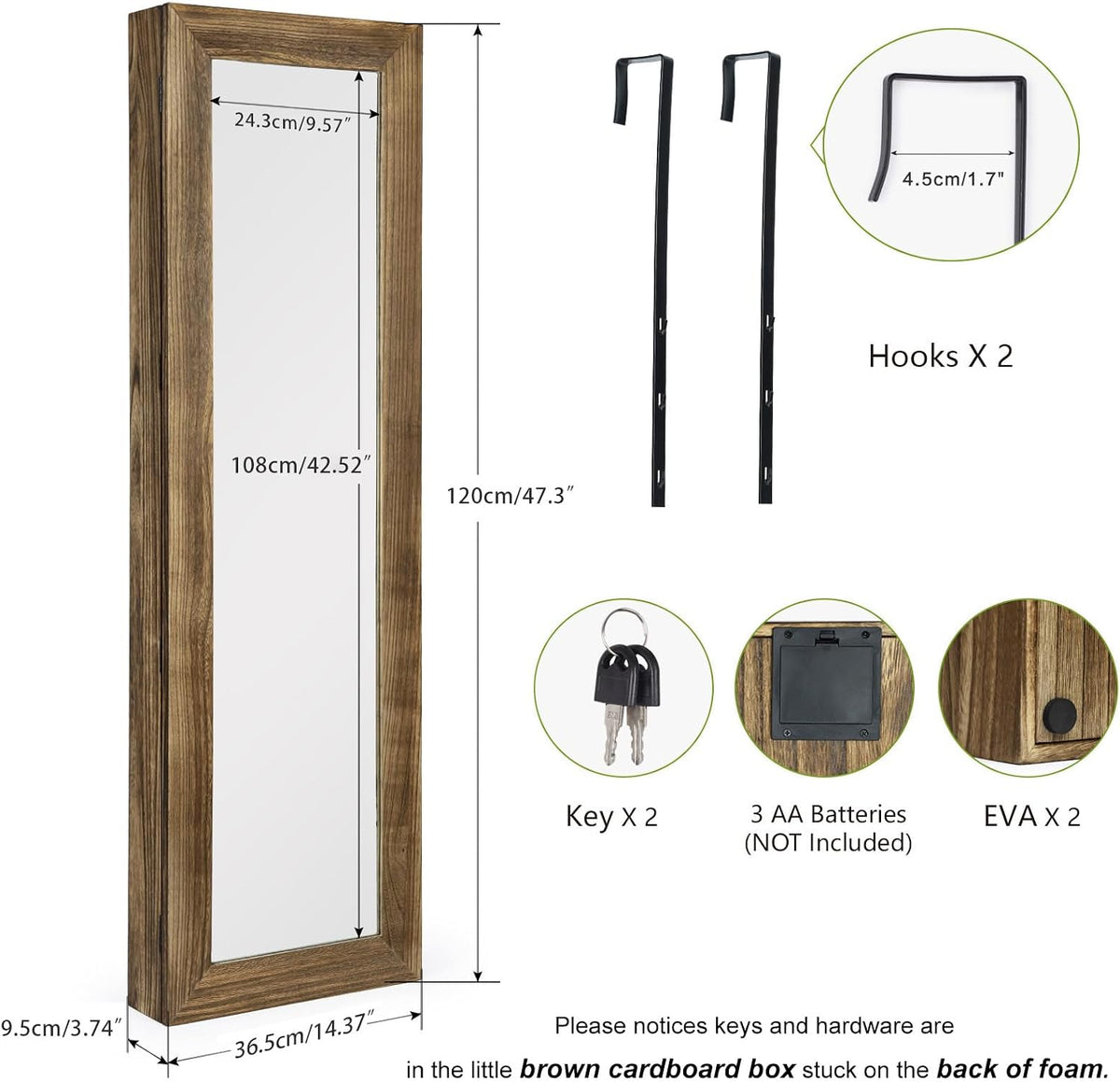 sriwatana jewelry cabinet with mirror, lockable door, carbonized, package contents