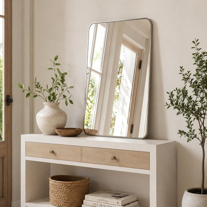 24x36 inch brushed nickel rounded rectangle bathroom vanity, front angle view