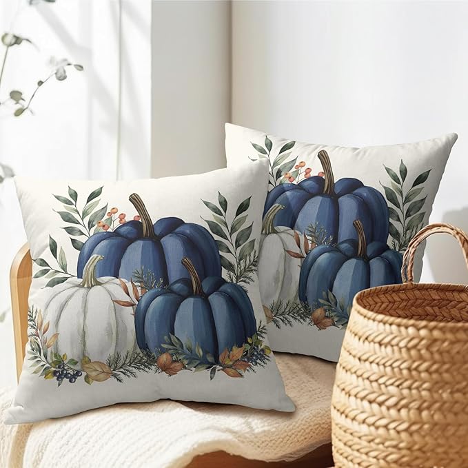 Pumpkins Throw Pillow Covers 16x16 inch 2 Packs Fall Blue and White Pumpkin - Image 5