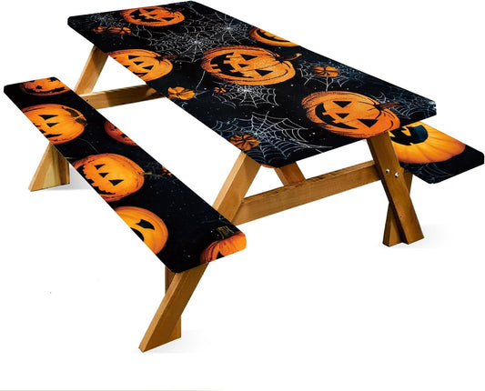 ANNA QUEEN Halloween Pumpkin 6FT Picnic Table Cover Set, Spooky 3PCS 72"x30" Jack-o'-Lantern Tablecloth & Bench Covers, Waterproof Camping Outdoor Decor
