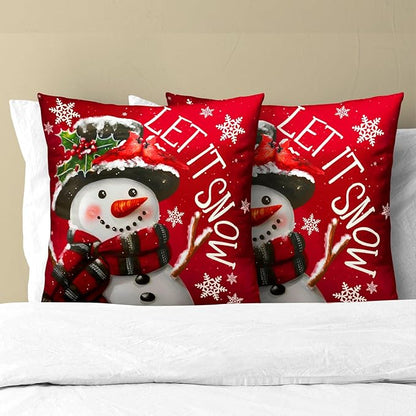 Xmas Pillow Covers 18x18 Inch 2 Packs Christma Snowman Snowflake Decorative Red - Image 3