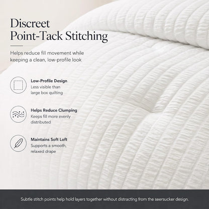 cozylux queen comforter set, 7 pieces white seersucker, side view