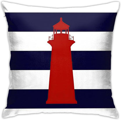 Myshe Square Nautical Red Lighthouse On Navy Blue Stripes Throw Pillow Cover by Myshe