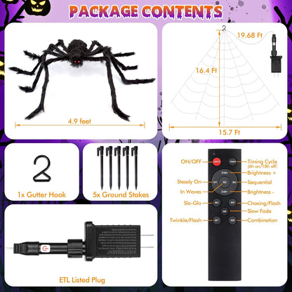 OCATO 200" Halloween Decorations Spider Web Lights Outdoor +59" Fake Spider