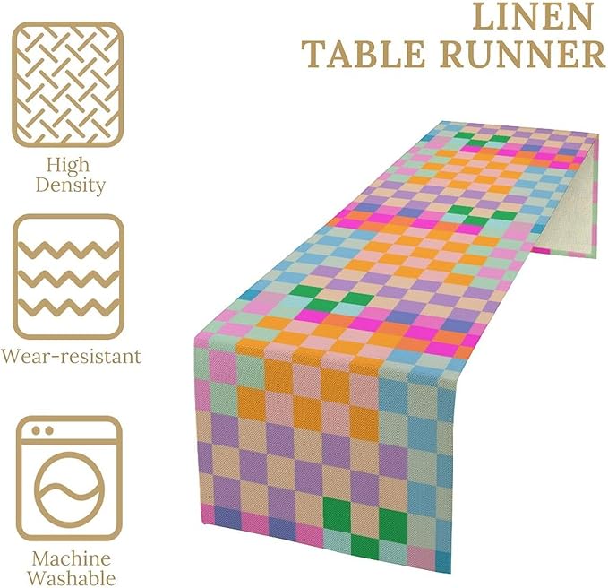 Retro Checkered Table Runner, Bright Rainbow Colorful Modern Groovy Aesthetic - Image 6