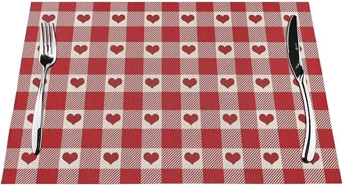 Valentine's Day Placemats Set of 4, Checked Love Hearts Decorative Table Mat 12 - Image 2