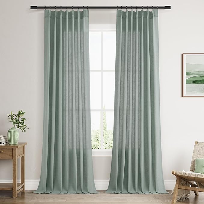 Desert Sage Pinch Pleated Linen Curtains 102 Inch Length 2 Panels by Aersas