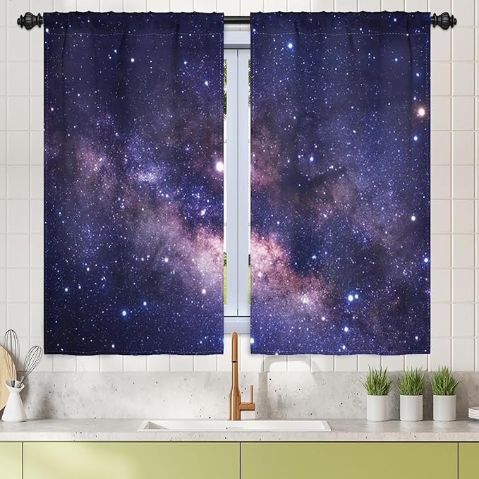 Renaiss 26 x 45 Inch Purple Galaxy Kitchen Window Curtains Tier Outer Space by Renaiss