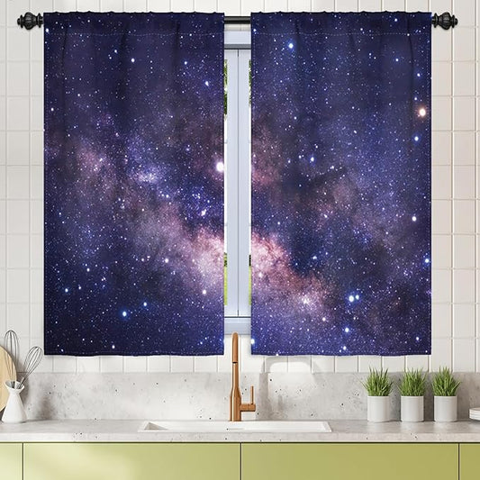 Renaiss 26 x 45 Inch Purple Galaxy Kitchen Window Curtains Tier Outer Space by Renaiss