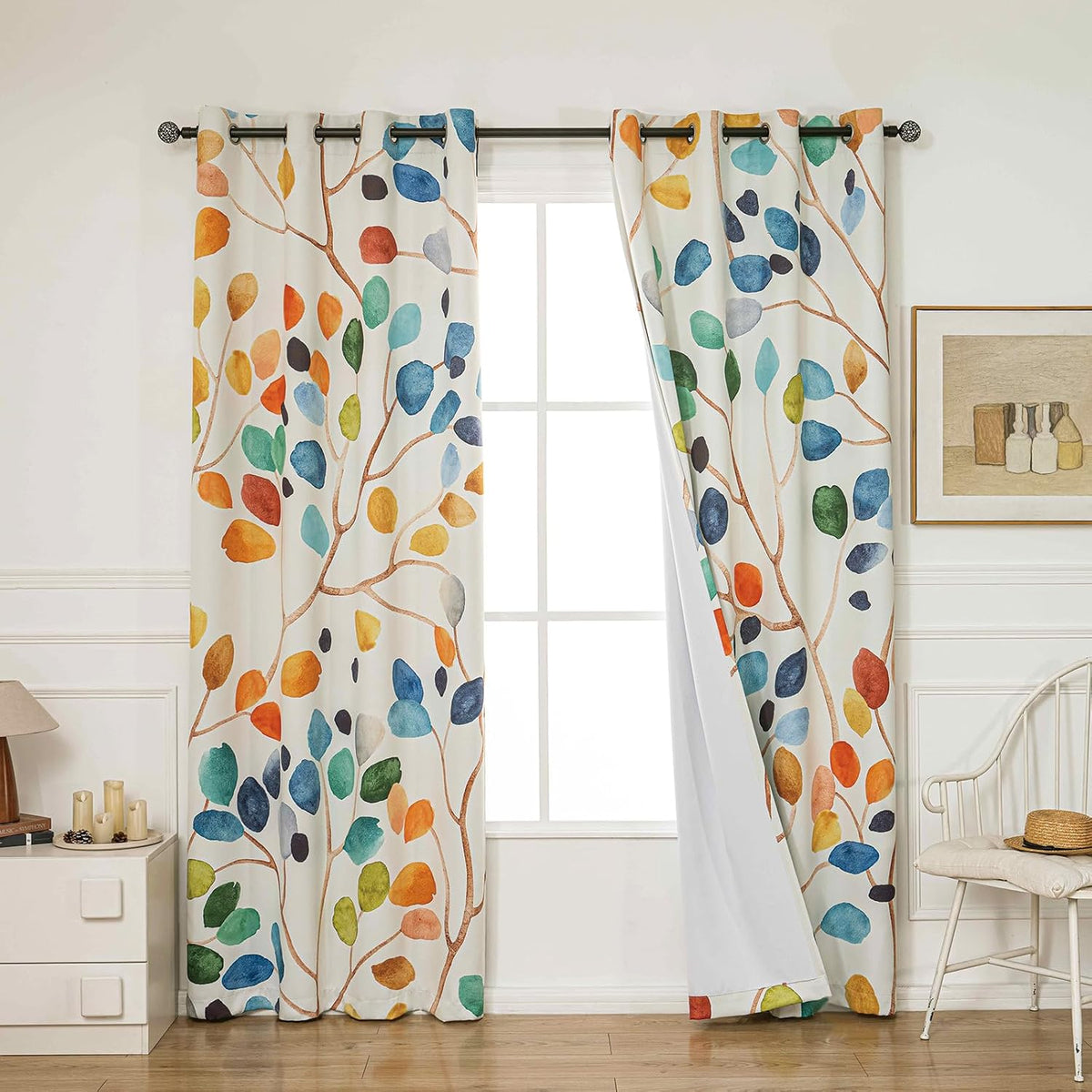 boho colorful leaf floral blackout curtains, watercolor bohemian shown in use