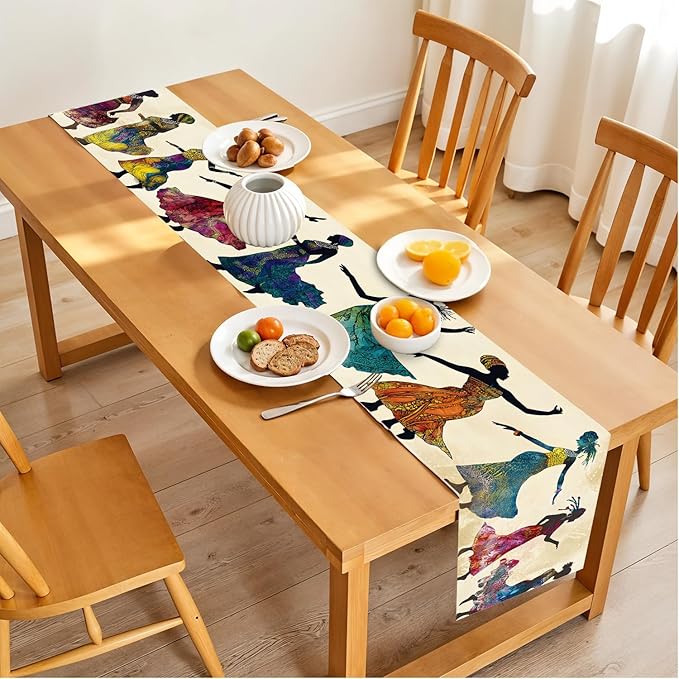 African Women Table Runner Colorful Tribal Dancing Lady Art Table Runner - Image 2