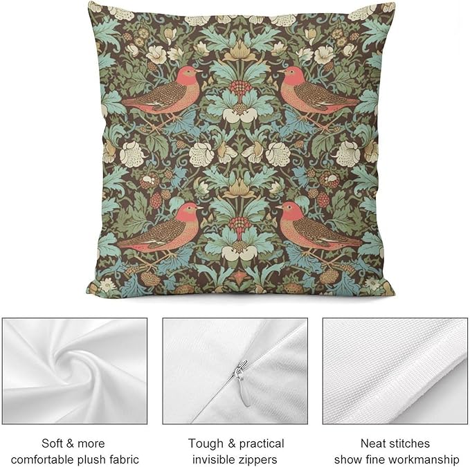 William Morris Floral Original Throw Pillow Covers Boho Chic Retro Floral Bird - Image 8
