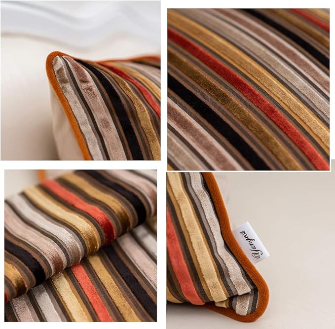 Yangest Orange Striped Throw Pillow Cover Multicolor Velvet Cushion Cover - Image 3