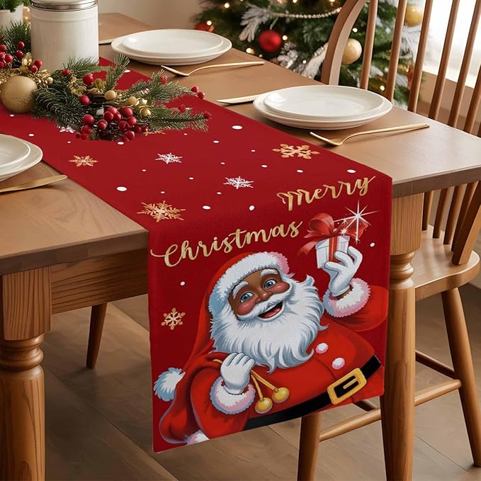 Black Santa Claus Table Runner, 18x72 Inch, Merry Christmas Table Runners Xmas - Image 2
