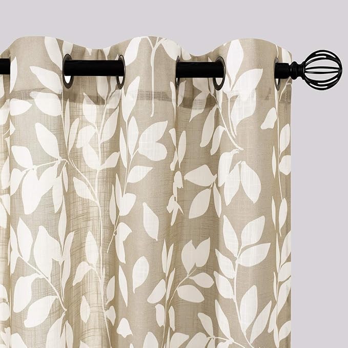 Taupe White Leaf Sheer Curtains - Image 2