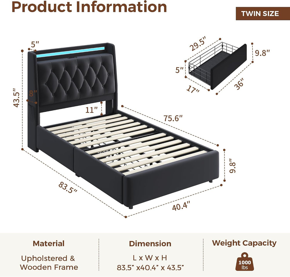 Twin LED Velvet Bed Frame with 2 Storage Drawers&Hidden Headboard, Uphols...