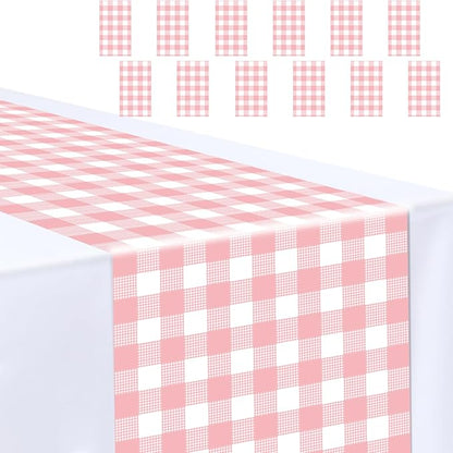 12 Pcs Light Pink and White Checkered Table Runner Plastic 14 x 108 Disposable by MUNILAIL