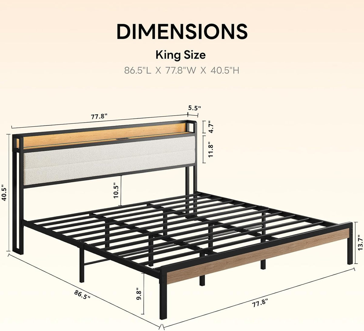 likimio king size bed frame with headboard, led shown in use