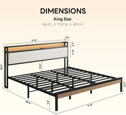 likimio king size bed frame with headboard, led shown in use