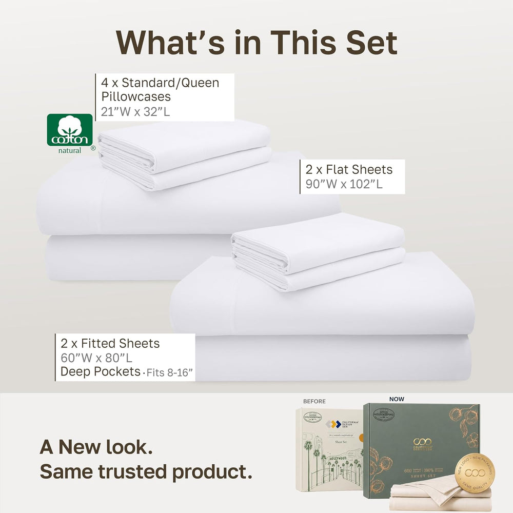 California Design Den 2 Pack 600 Thread Count Cotton Bed Sheets Queen Set