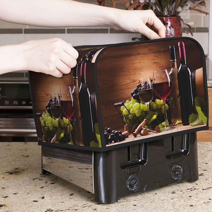 Red Wine Glasses Grape Wooden 4 Slice Toaster Cover, Waterproof Toaster Dust - Image 2