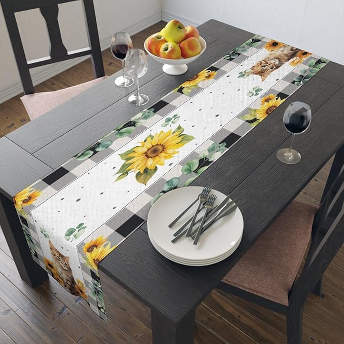 Cat and Sunflower Table Runner, Cotton Linen Cat and Sunflower Table Runner - Image 6