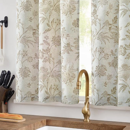jinchan Floral Linen Tier Curtains 24 Inch Farmhouse Cafe Curtains Rod Pocket - Image 2