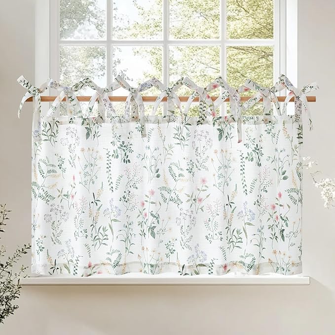 JINCHAN Linen Kitchen Curtain Floral Printed Tier Curtain 24 Inch Farmhouse by JINCHAN