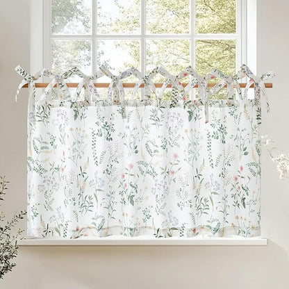 JINCHAN Linen Kitchen Curtain Floral Printed Tier Curtain 24 Inch Farmhouse by JINCHAN