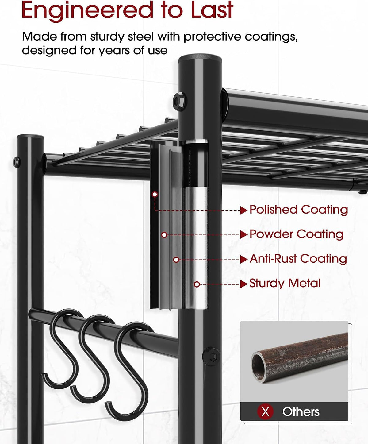 sakugi 4-tier storage shelves with 6 hooks, 33.2", side view