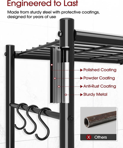 sakugi 4-tier storage shelves with 6 hooks, 33.2", side view