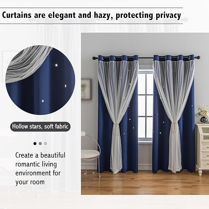 Anytime Romantic Kids Curtain, Hollow-Out Stars Window Curtain Double Layer - Image 6