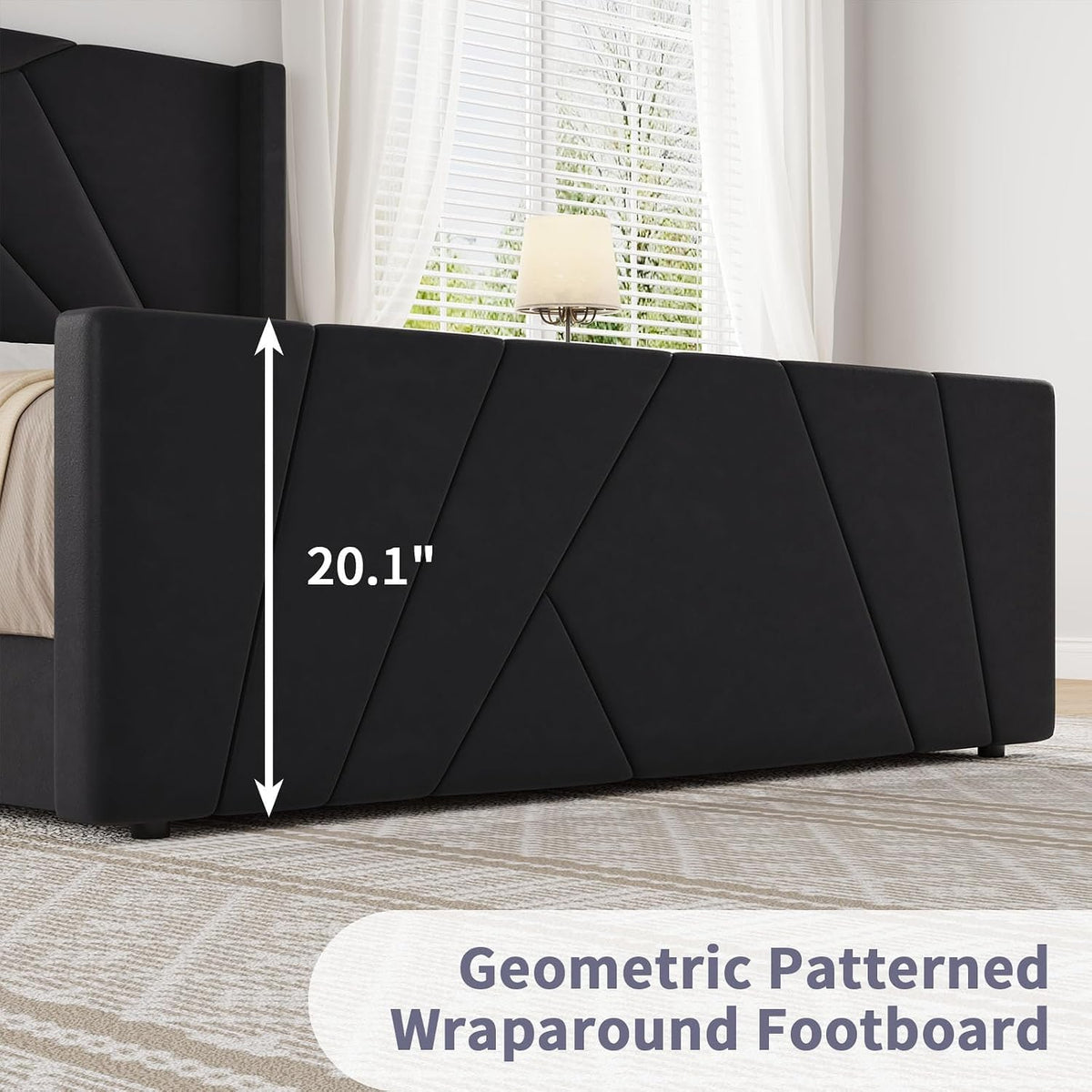 barnfurin queen bed frame with geometric wingback headboard showing dimensions