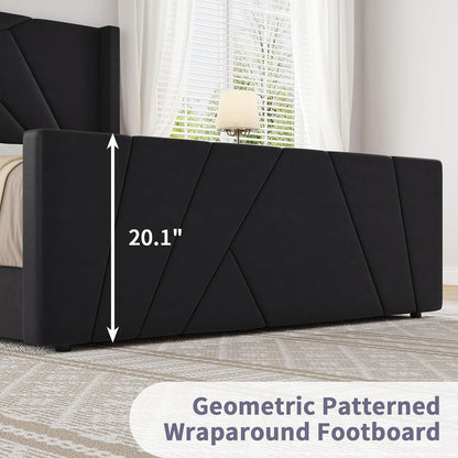 barnfurin queen bed frame with geometric wingback headboard showing dimensions