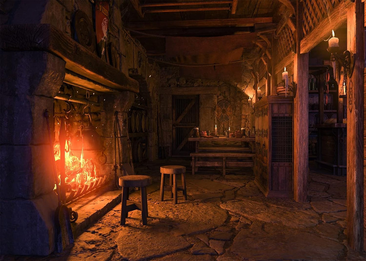 12x8ft Fabric Medieval Tavern Backdrop for Photography Burning Fireplace and Stool Background Ancient Warm Room Decorations Halloween Medieval Themed Party Photoshoot Booth Studio Props