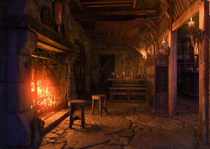 12x8ft Fabric Medieval Tavern Backdrop for Photography Burning Fireplace and Stool Background Ancient Warm Room Decorations Halloween Medieval Themed Party Photoshoot Booth Studio Props
