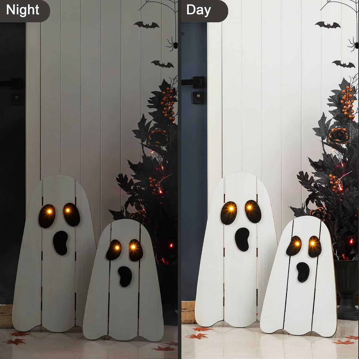 Glitzhome Set of 2 Halloween Lighted Wood Ghost Porch Decor - 24" H & 18" H Handcrafted Solid Wood Ghost Signs with Metal Display Stand for Farmhouse, Front Door Outdoor Yard Halloween Decorations
