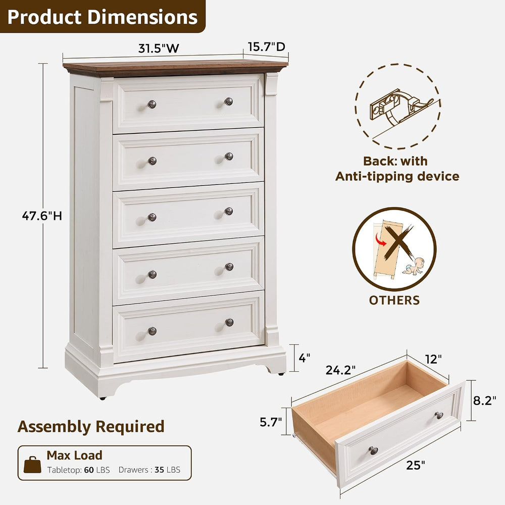T4TREAM Farmhouse 5 Tall Drawers Dresser for Bedroom, 47" H Wooden Chests