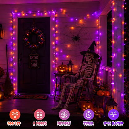 QITONG 165ft 500 LED Orange and Purple Halloween Lights Outdoor Waterproof, String Lights for Outside with 8 Modes, Green Wire Twinkle Lights Plug in Indoor