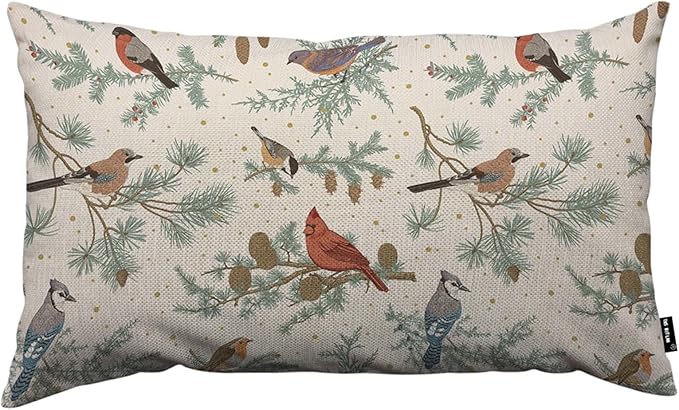 TKS MITLAN Winter Birds Pillow Covers 12 x 20 Inch Green Botanical Sparrow Red by TKS+MITLAN