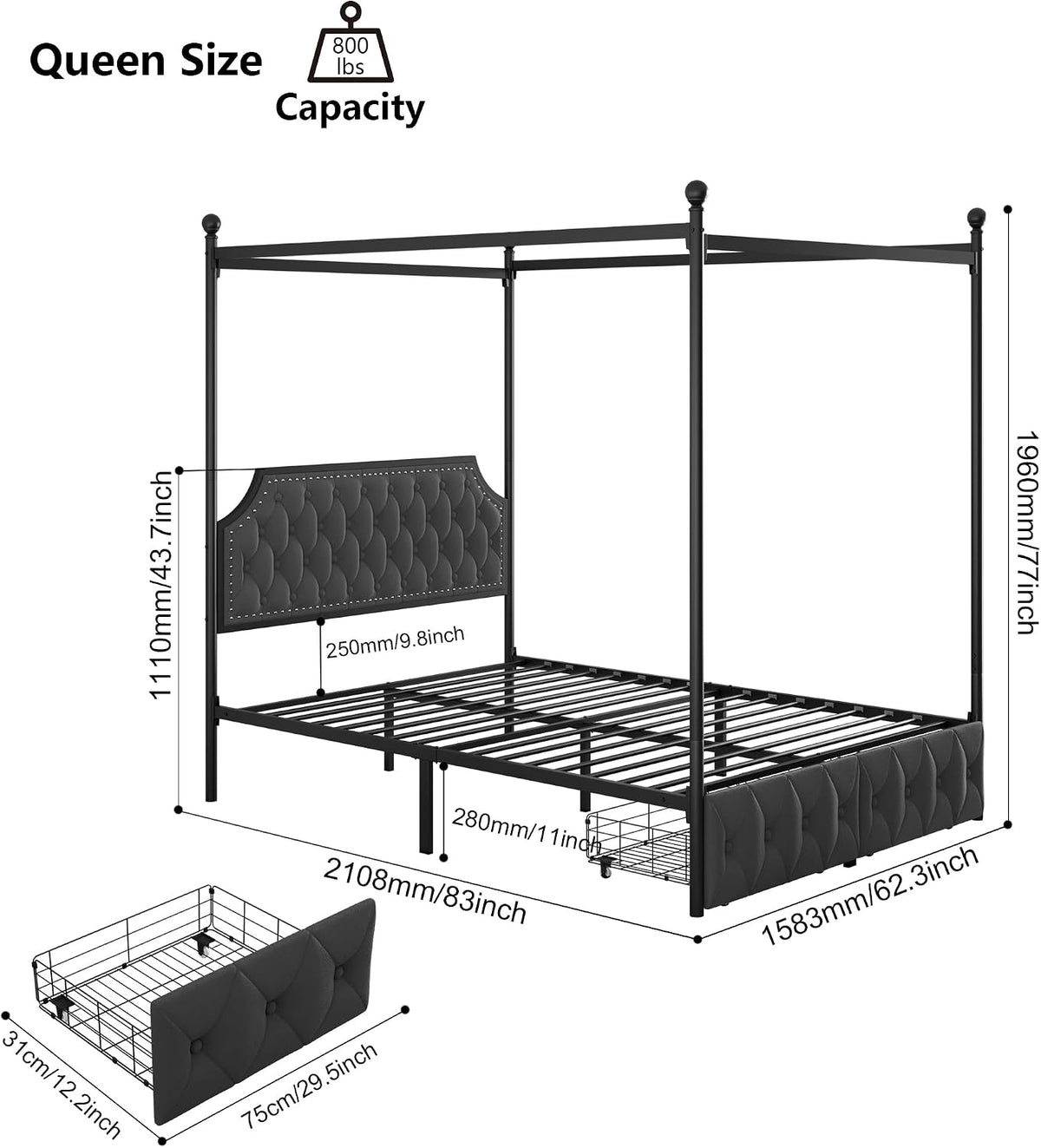 keyluv queen upholstered canopy bed frame with 2 shown in use