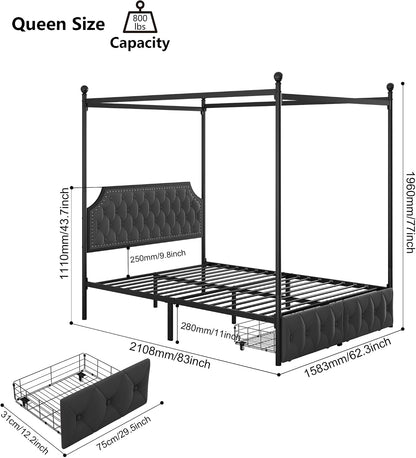 keyluv queen upholstered canopy bed frame with 2 shown in use