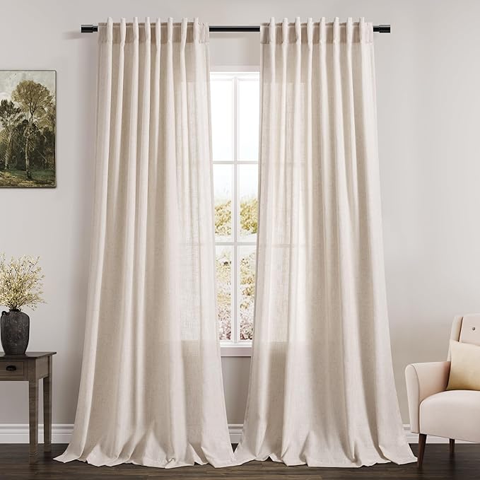Beige Linen Semi Sheer Curtains 84 Inch Length 2 Panels Set Back Tab Rod Pocket by Nanspring