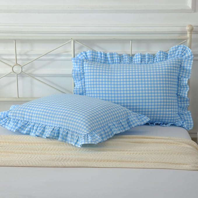 Vintage Sky Blue Plaid Ruffle Pillow Shams Standard Size Set of 2, Washed - Image 2